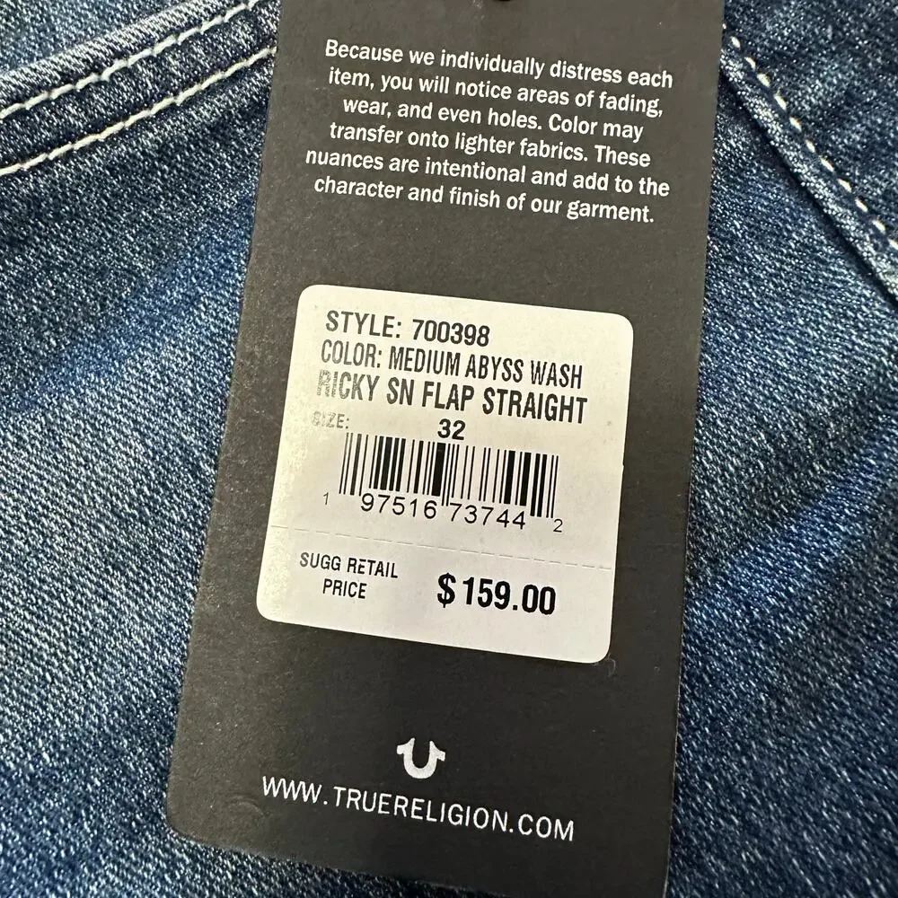 True Religion Ricky Relaxed Straight Jeans Blue Denim Flap Pocket 32x34 NWT